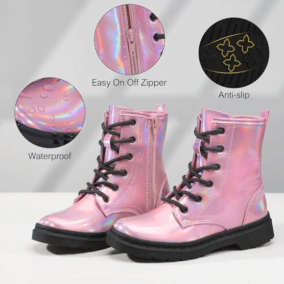 🆕Girls Pink Rubber Ankle Side Zipper Lace Up Stylish Comfort Glitter Boots - Picture 4 of 7